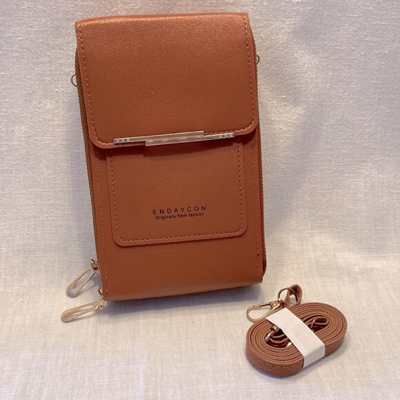 Crossbody Cell Phone Purse Bag Faux Brown Leather Zippered Compartment Closures - Picture 6 of 6